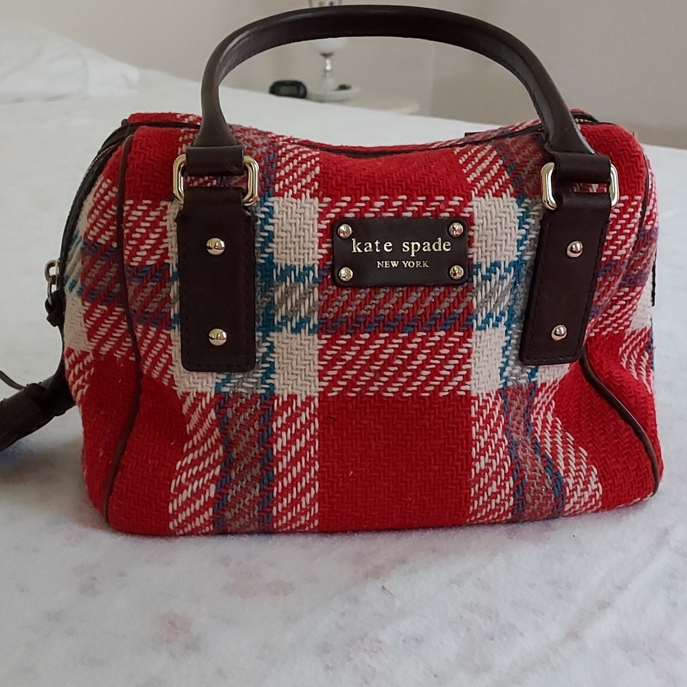 Vintage Kate Spade handbag with dust cover red whote turquoise plaid